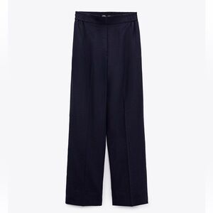 Zara Dark Navy Blue Wide-Leg Linen Blend Trousers